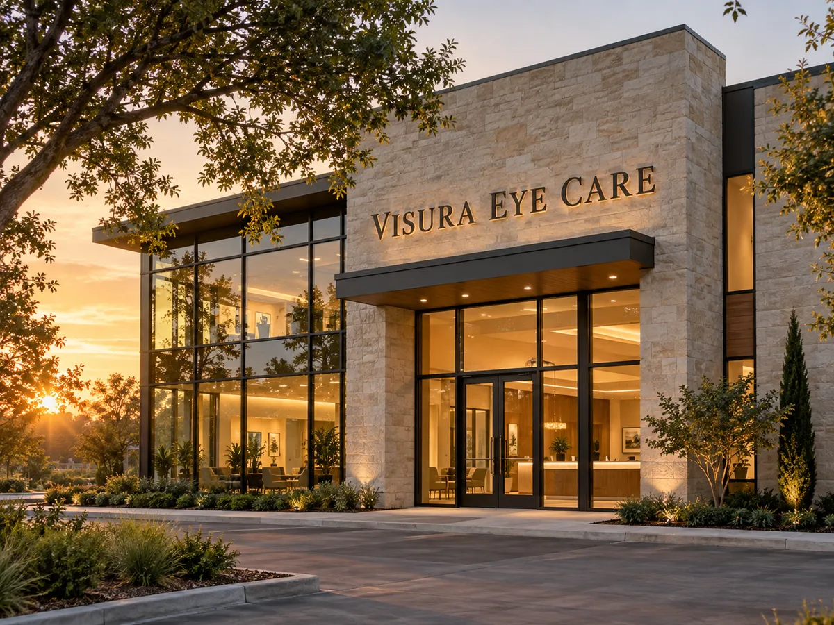 The Visura Eye Care building glowing at golden hour
