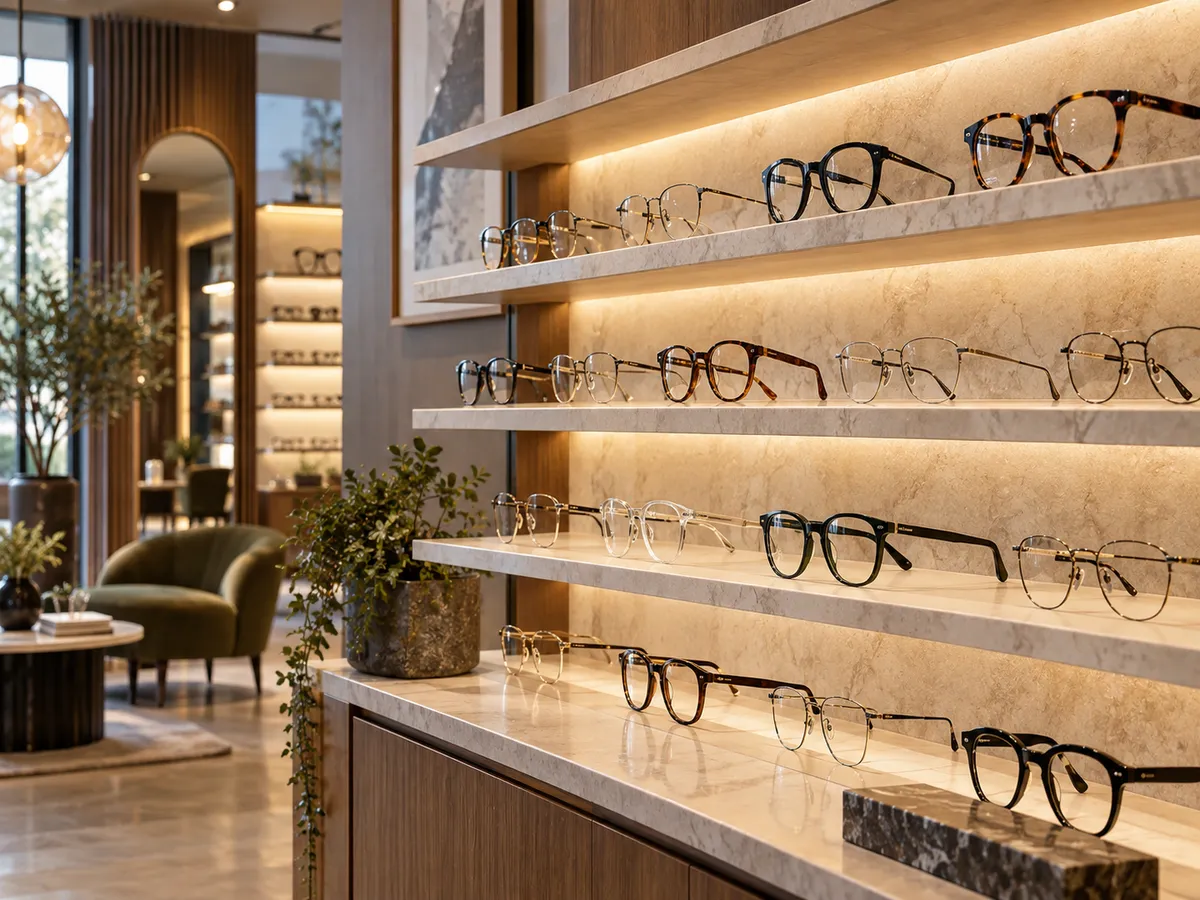 Optical boutique wall lined with prescription frames and sunglasses