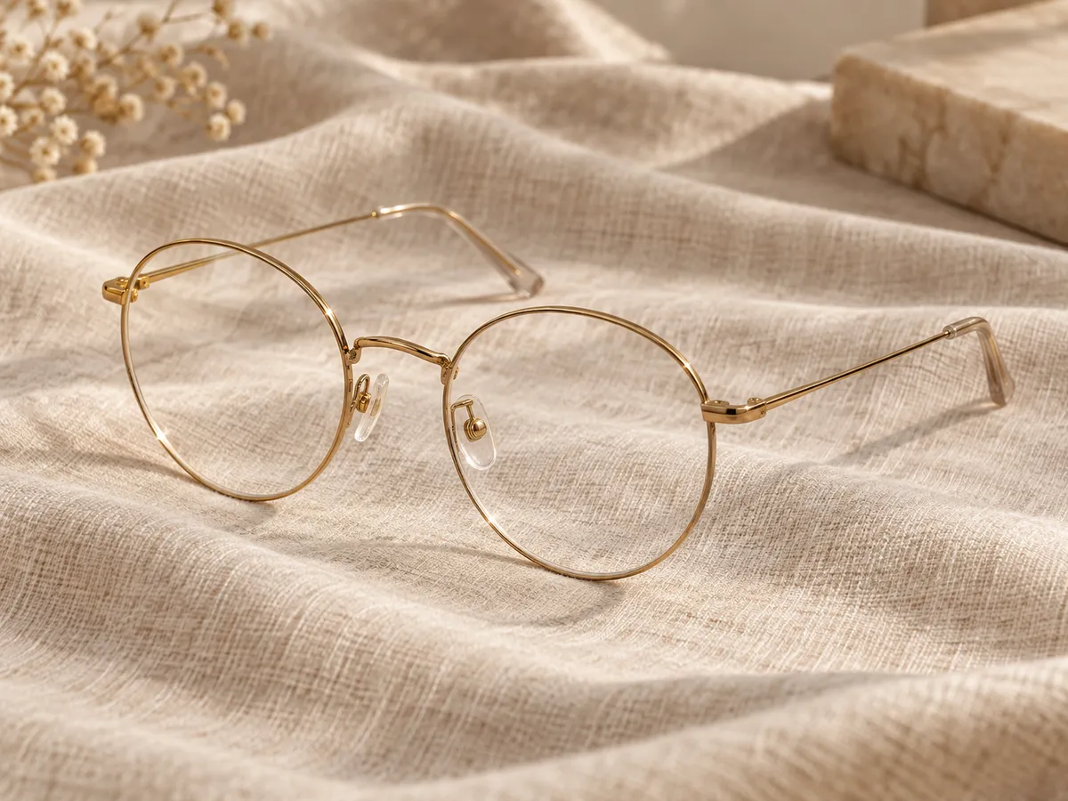 Thin gold round frames on beige linen