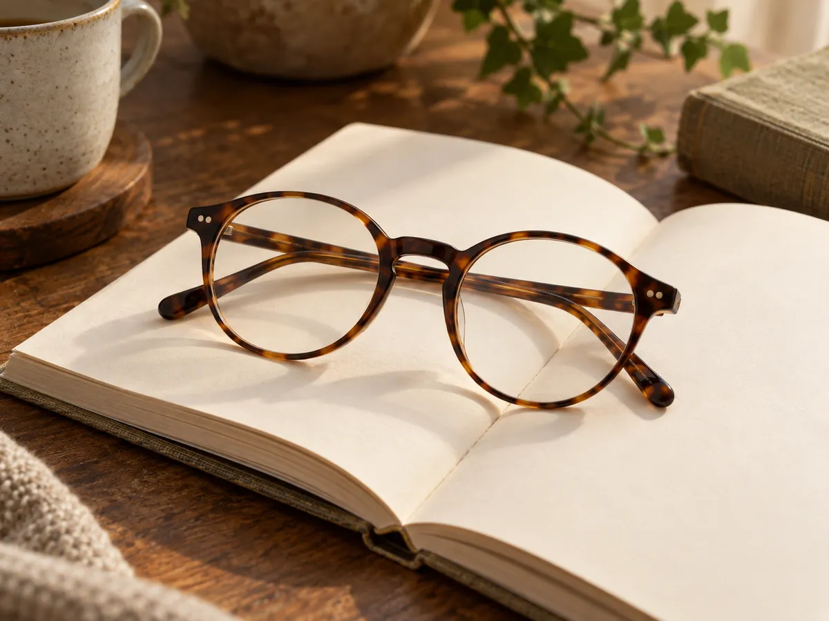 Round tortoiseshell glasses on an open book