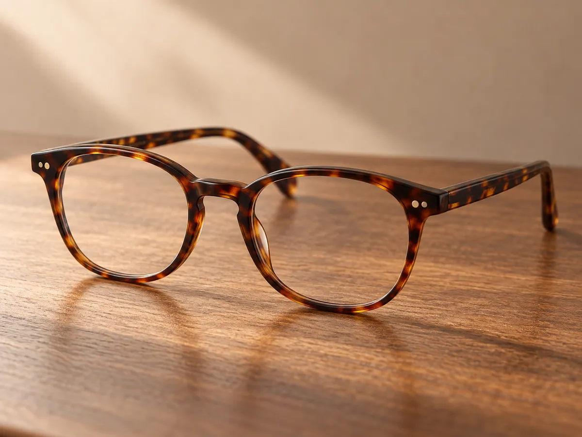 Tortoiseshell eyeglass frames on a wooden surface