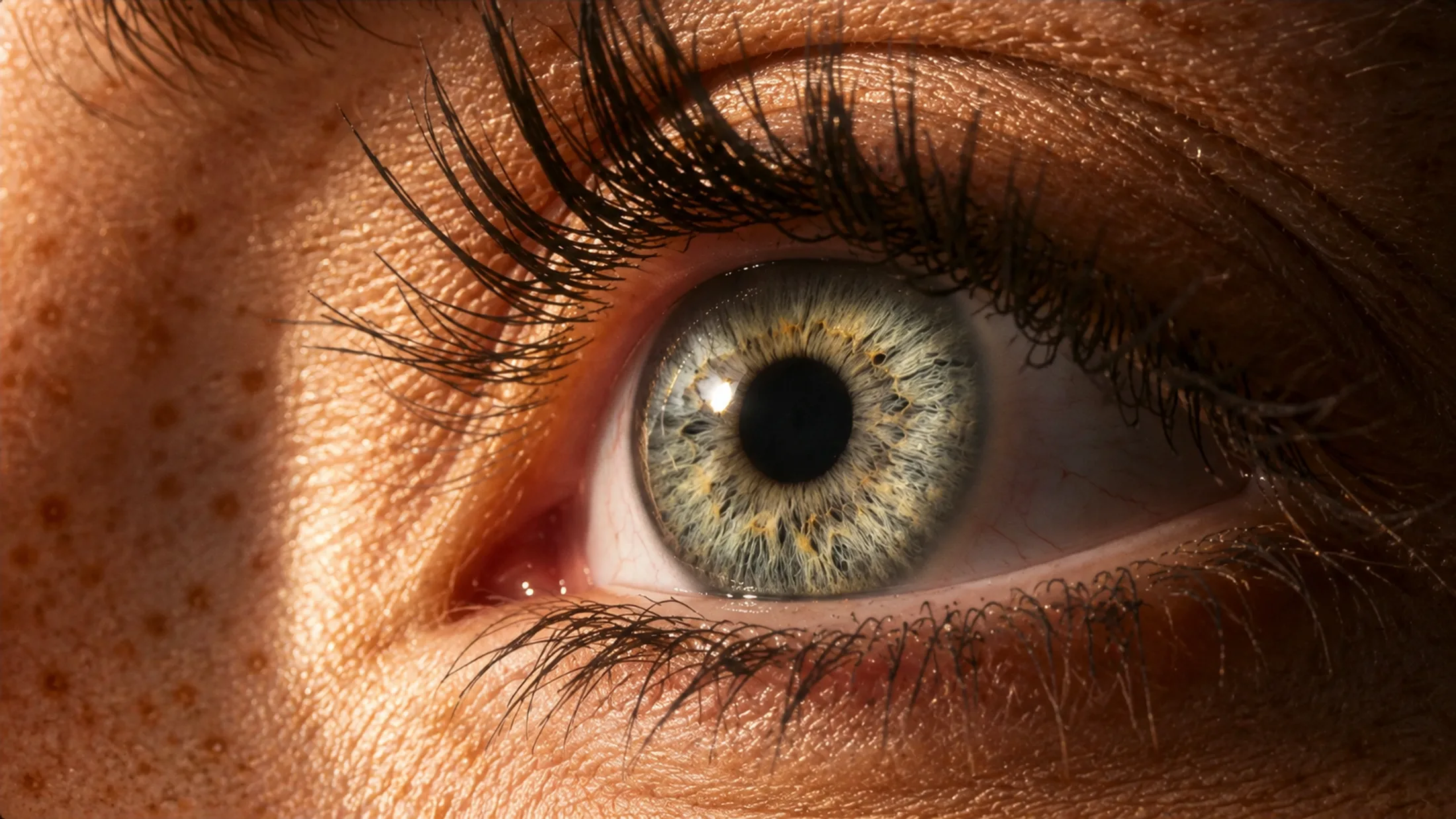 An extreme close-up of a grey-green eye with long lashes and warm, sunlit skin