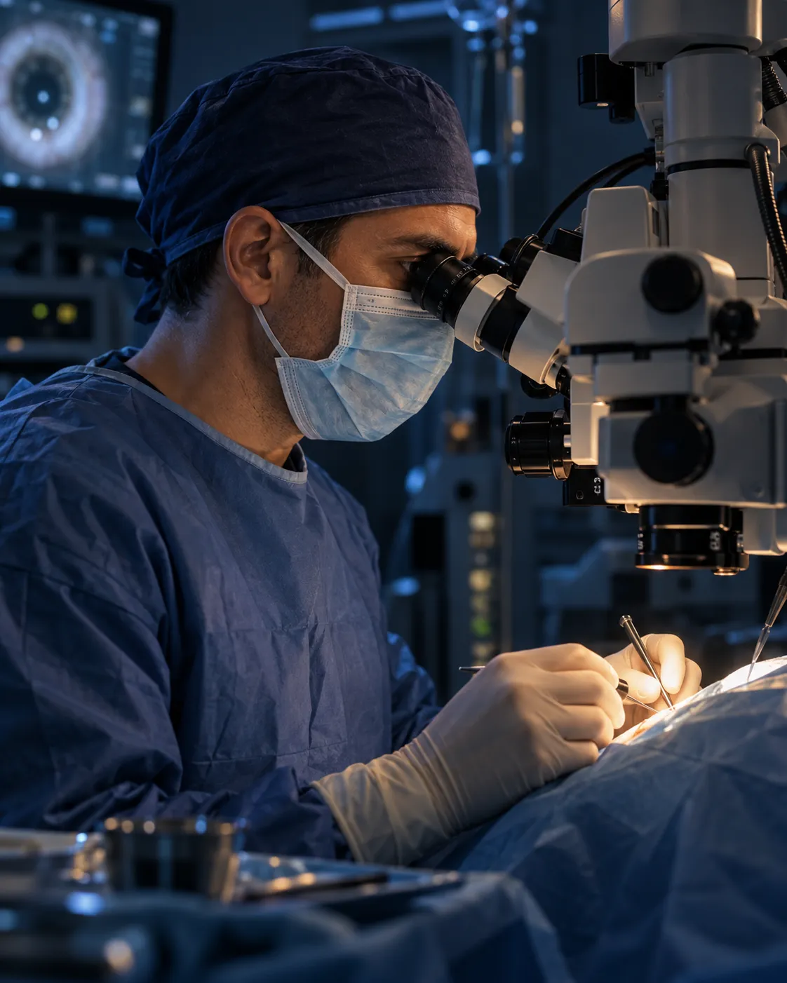 An eye surgeon at the operating microscope