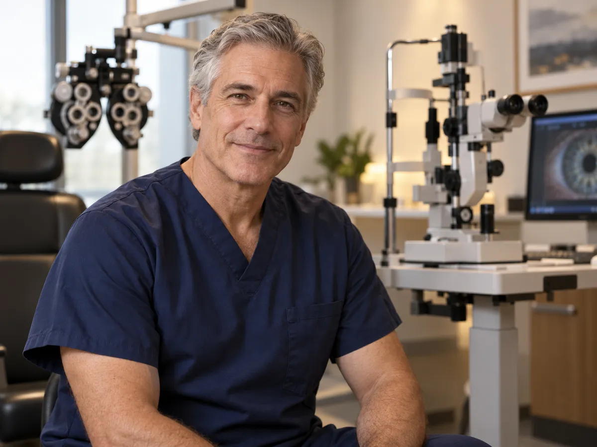 Dr James Calder in navy scrubs in the clinic