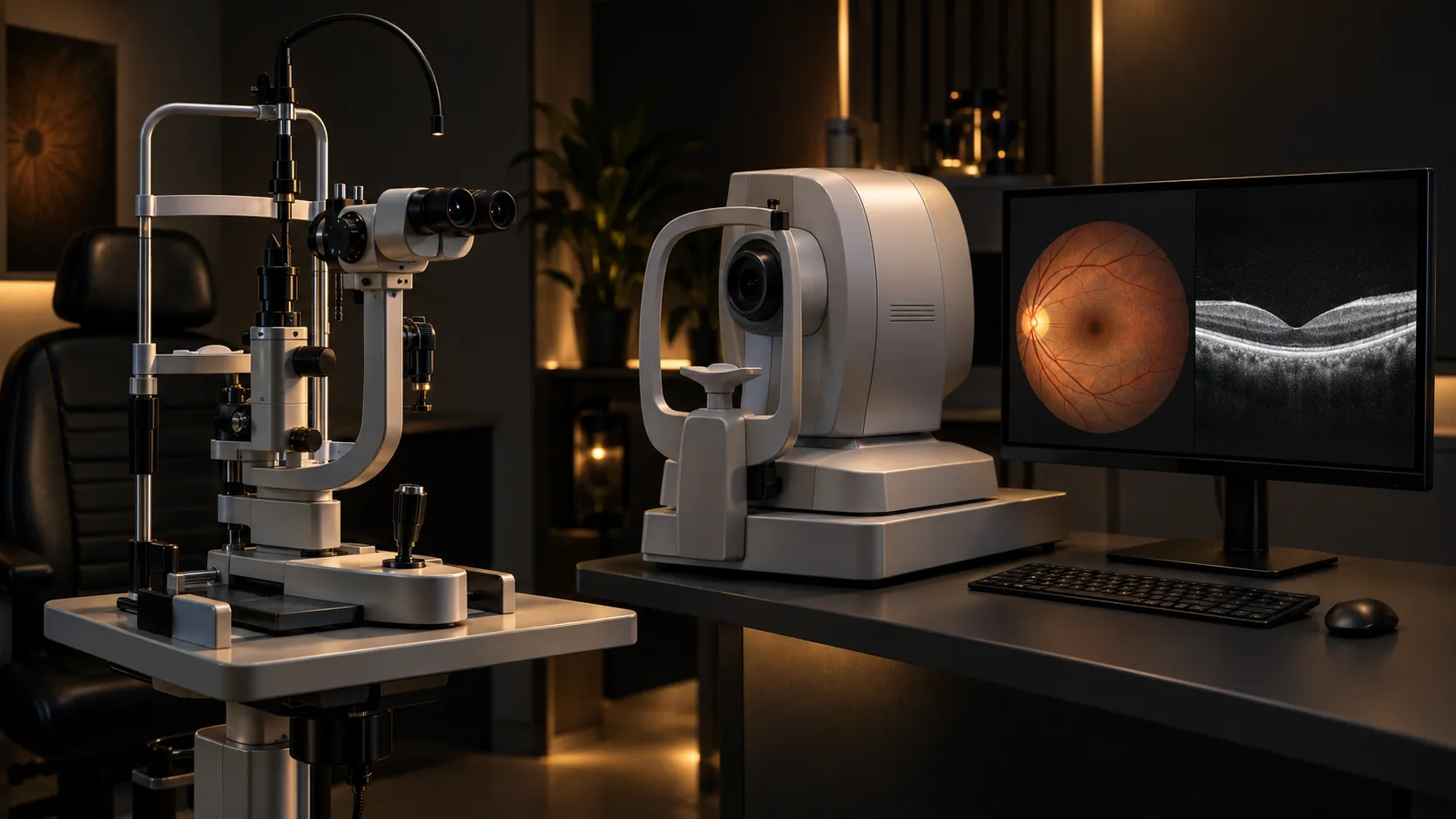 A slit lamp and OCT imaging device beside a monitor showing a retinal scan